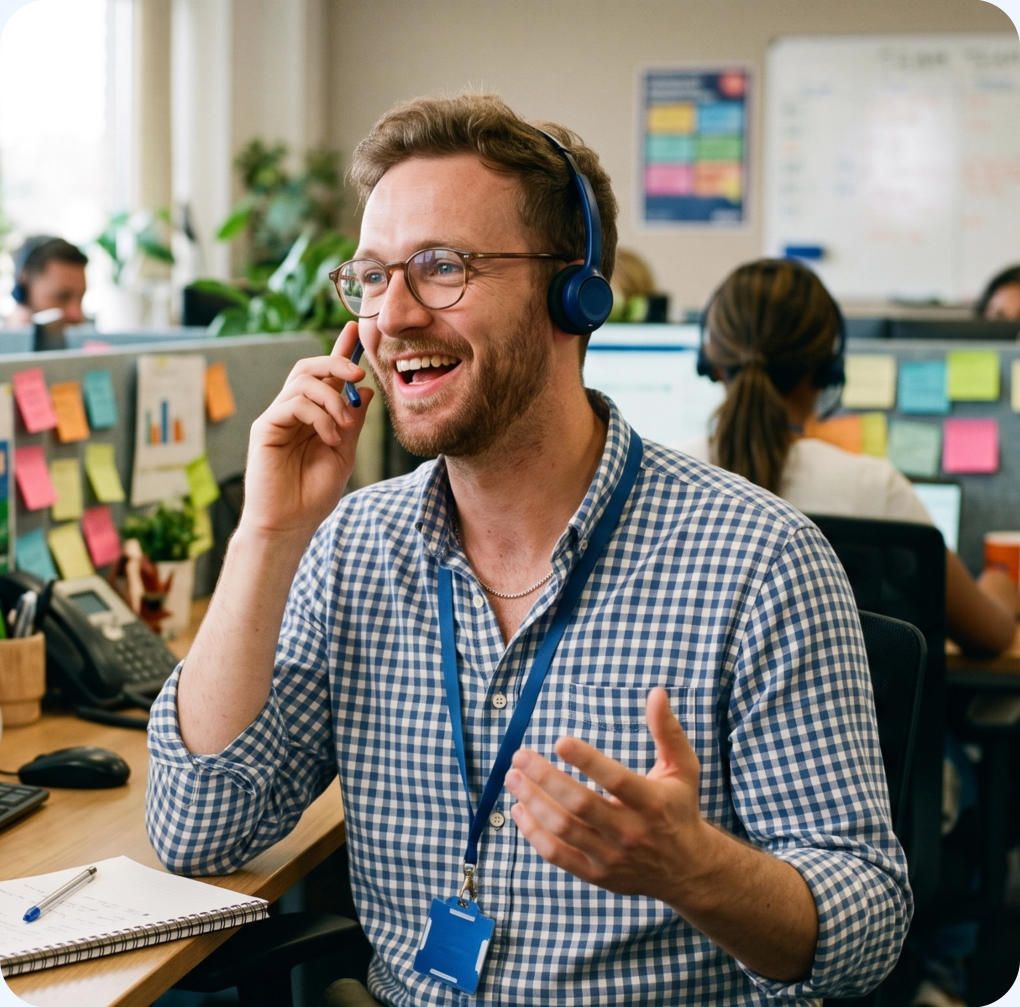 A smiling man wearing a headset in an office, taking a phone call