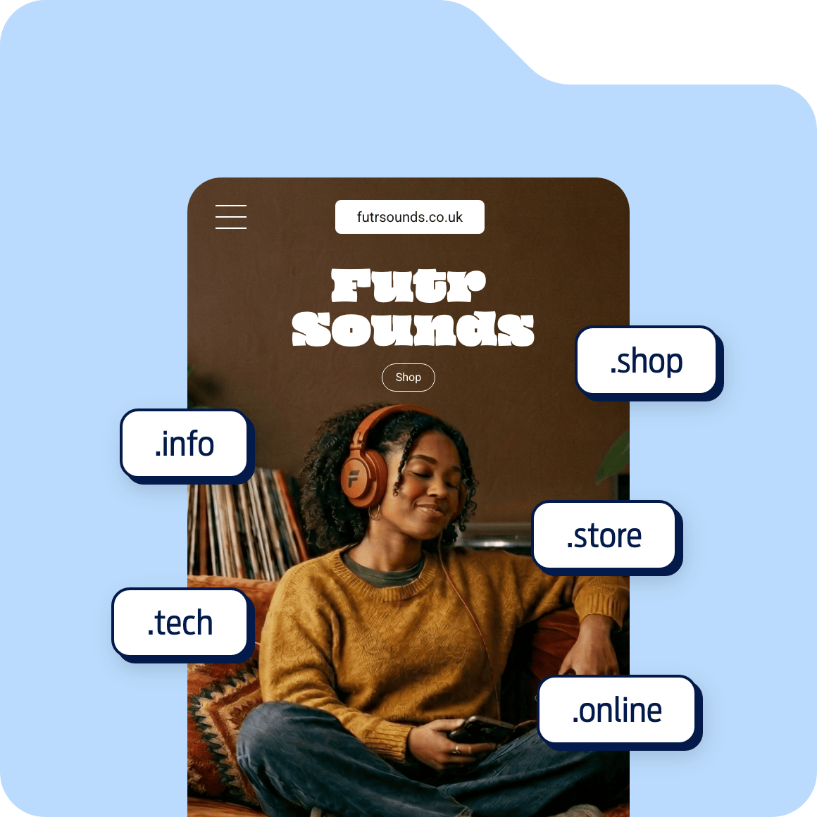 An example website for 'Futr Sounds' displayed on a phone screen, with domain extension options including .info, .tech, .shop, .store and .online floating around it