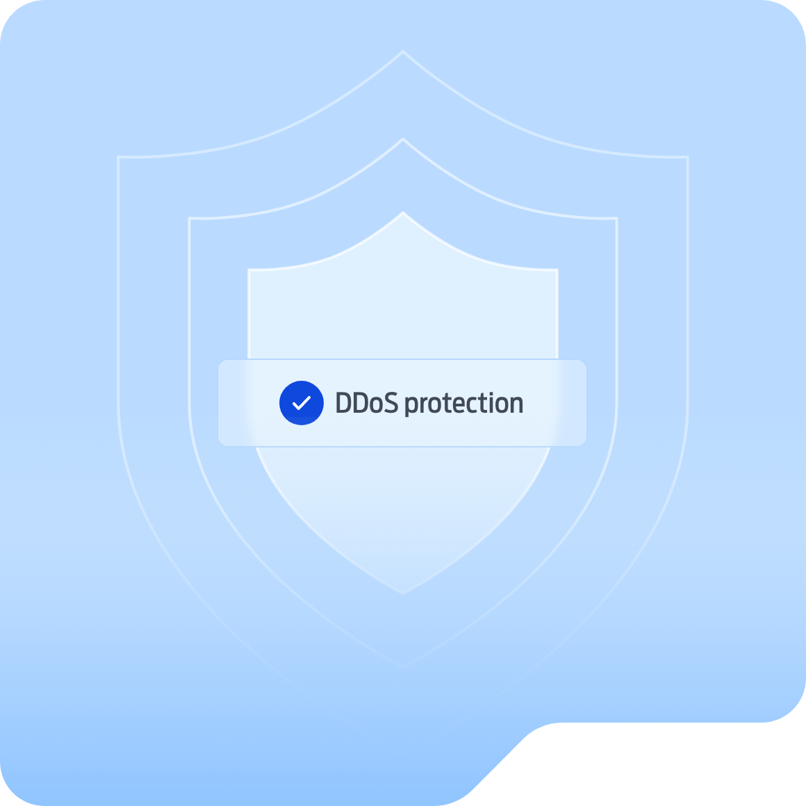 A shield with lines radiating outwards, with a label that reads 'DDoS Protection'