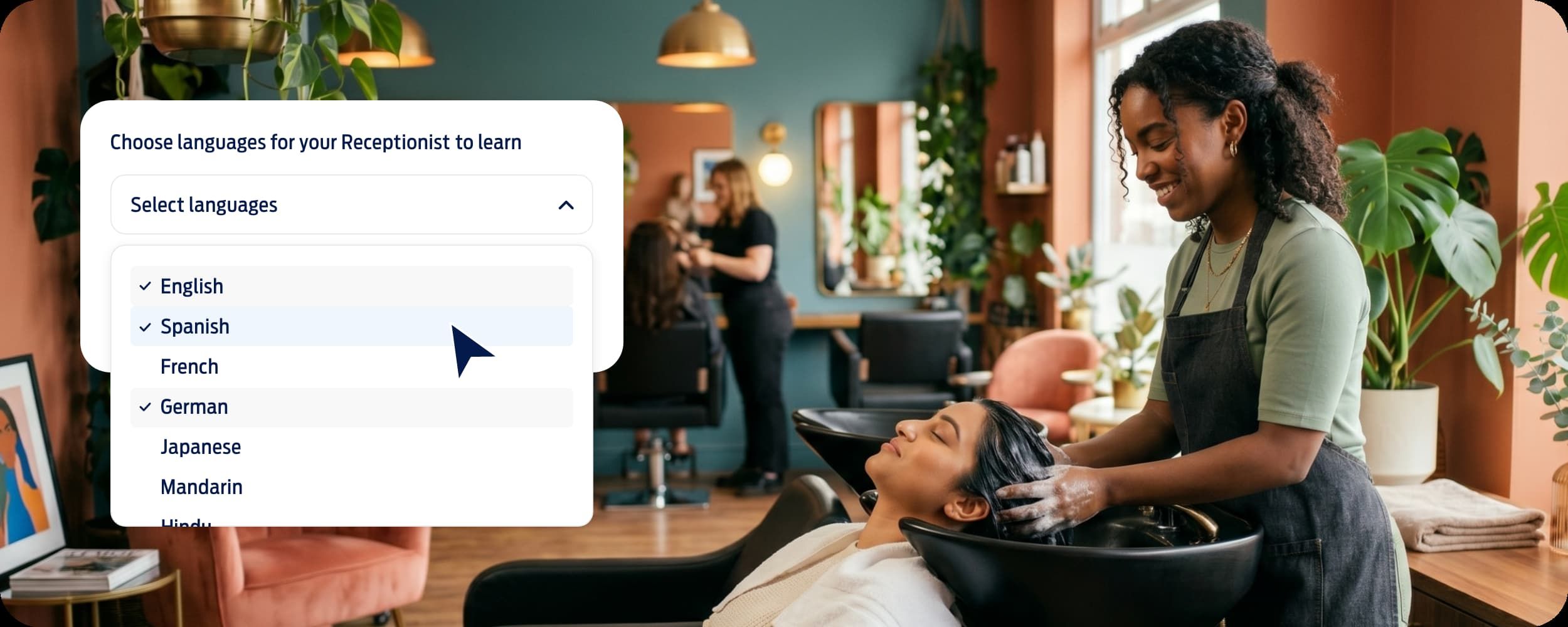 A hairdresser looking after a customer, while the AI Receptionist handles customer phone calls.