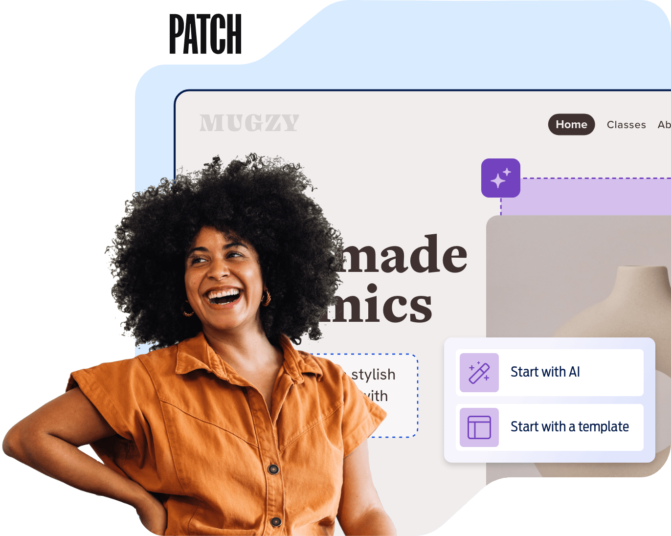 A woman using the Website Builder interface to create a ceramics website