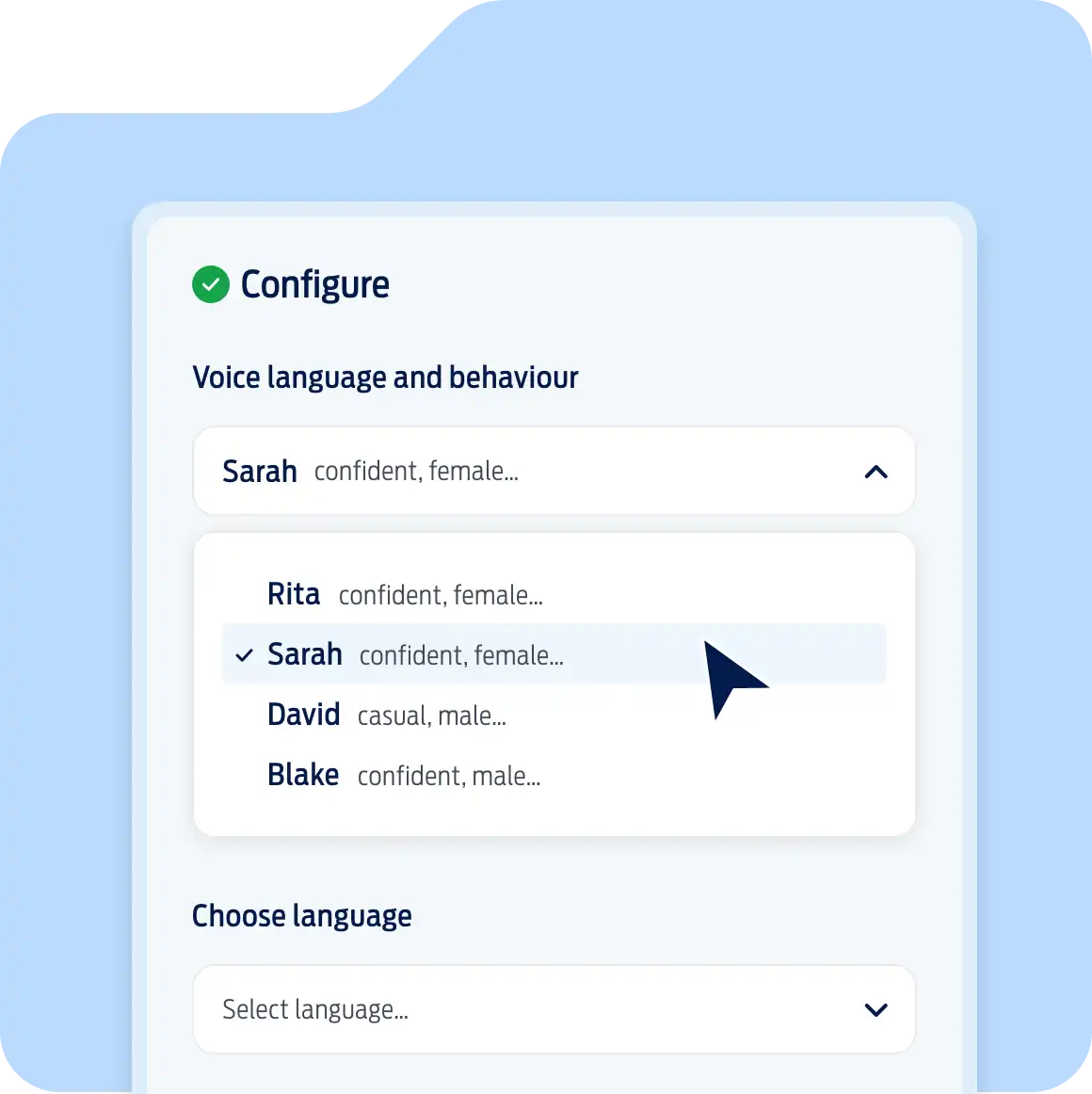 An interface showing a list of personalisation options for the AI Receptionist