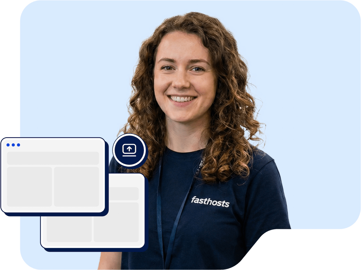 A support agent smiling with illustrations of app screens floating around her