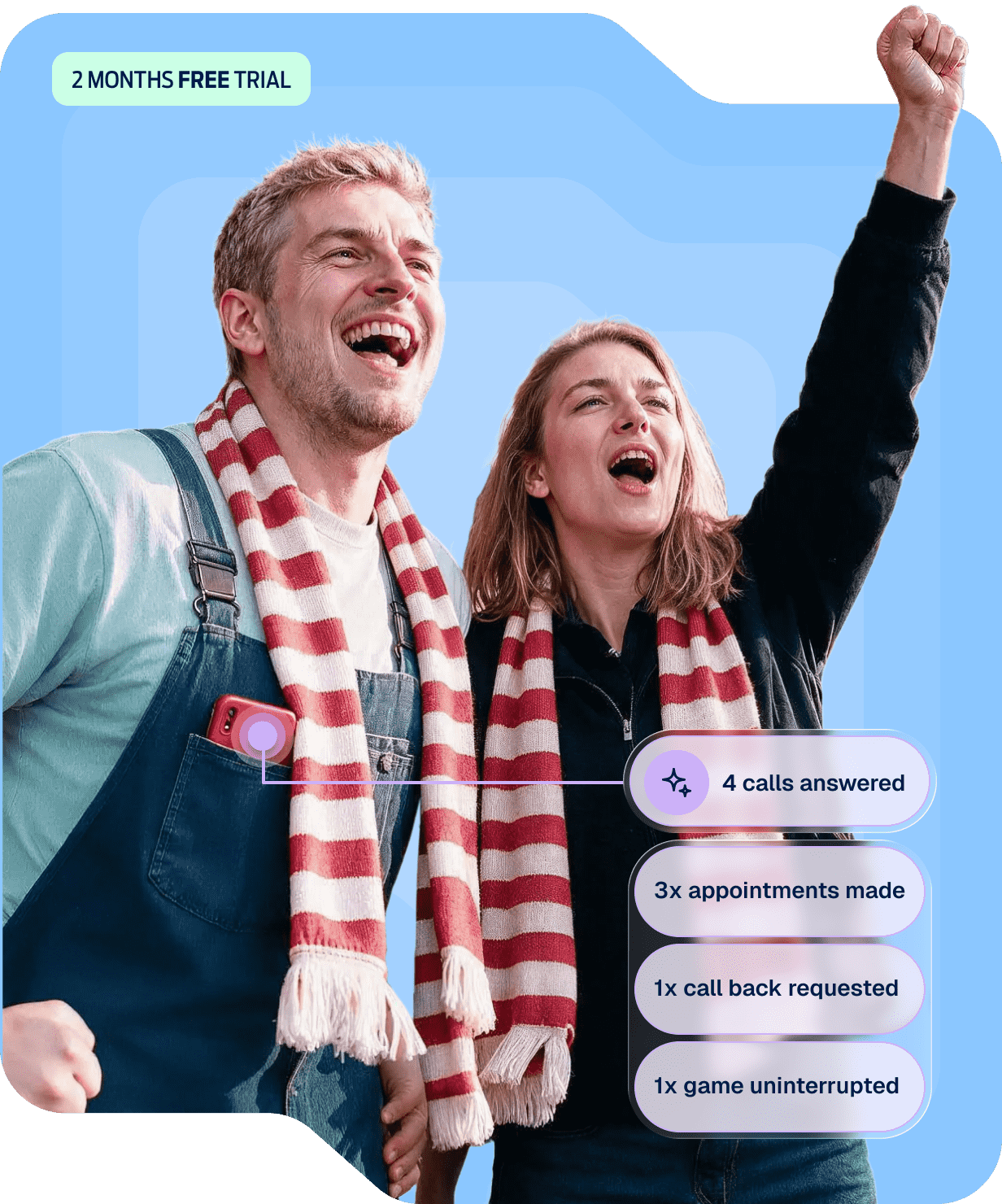 A man and woman cheering on their rugby team, while AI Receptionist answers their business calls in the background