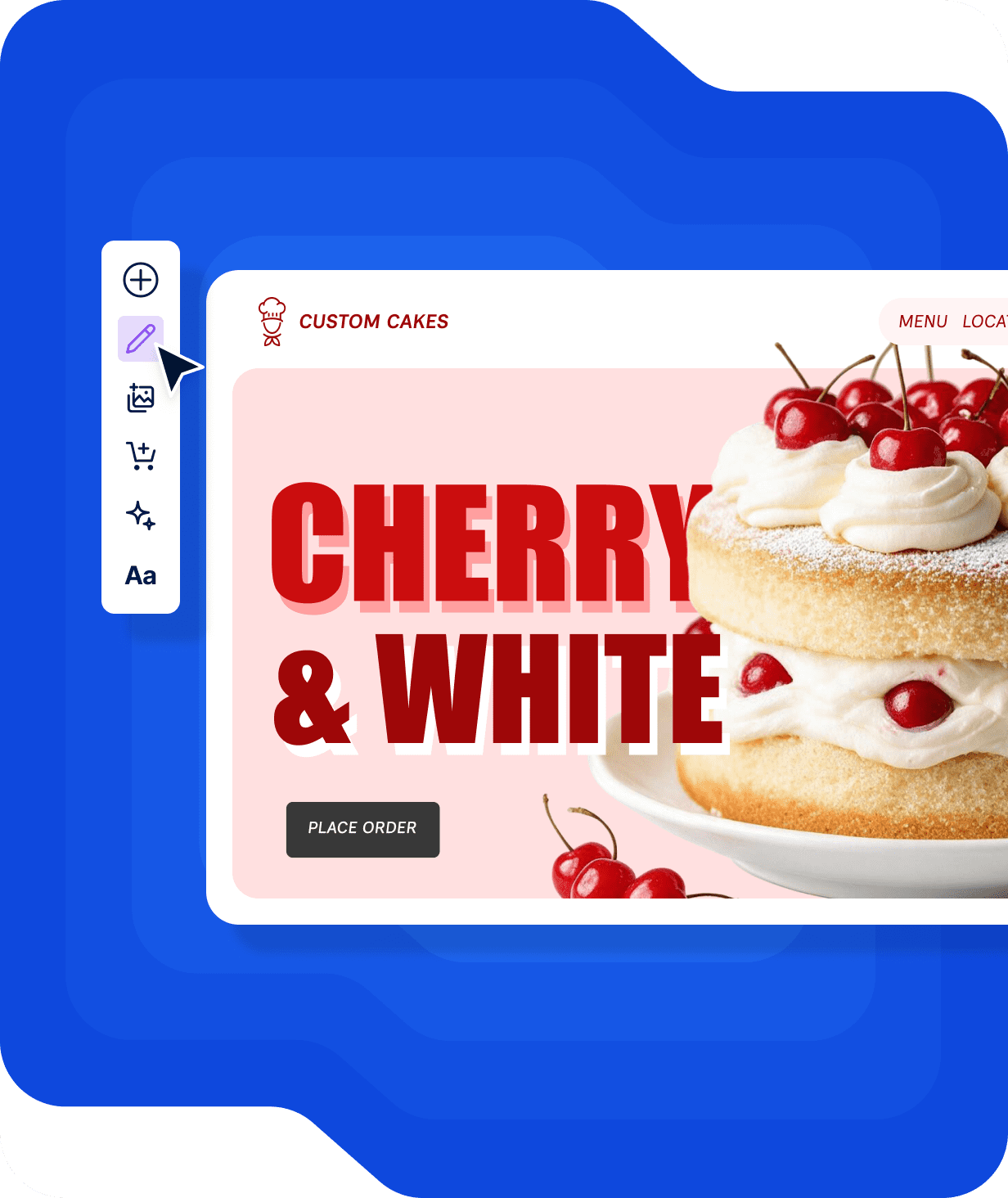 Interface of Website Builder showing a custom cake shop website being built