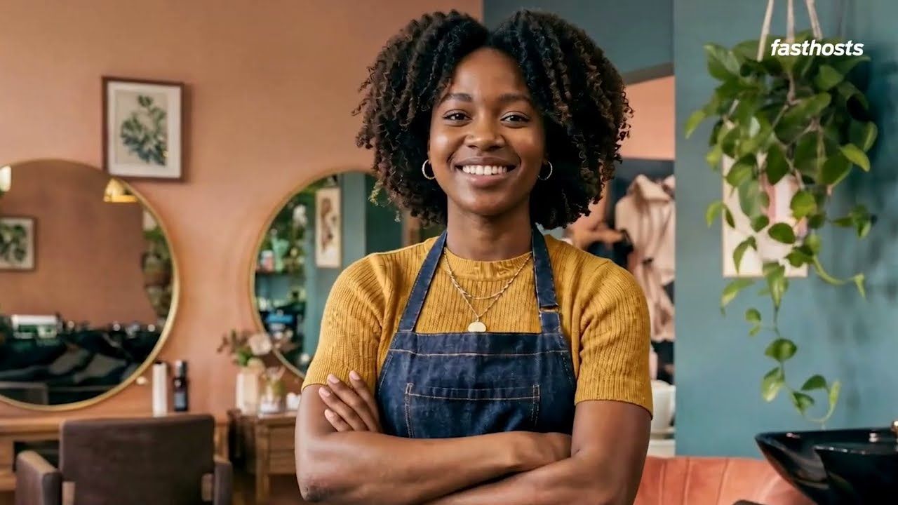 A smiling woman wearing a yellow t-shirt and denim apron
