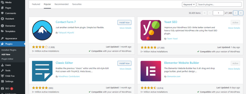 WordPress plugins search in WordPress admin dashboard