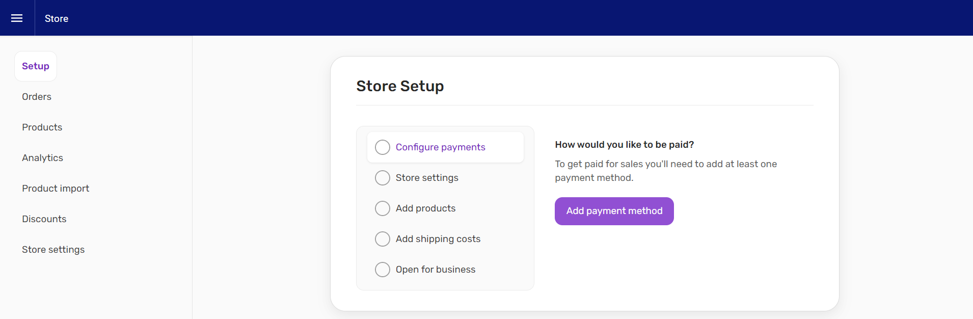 Screenshot of store setup screen in Website Builder