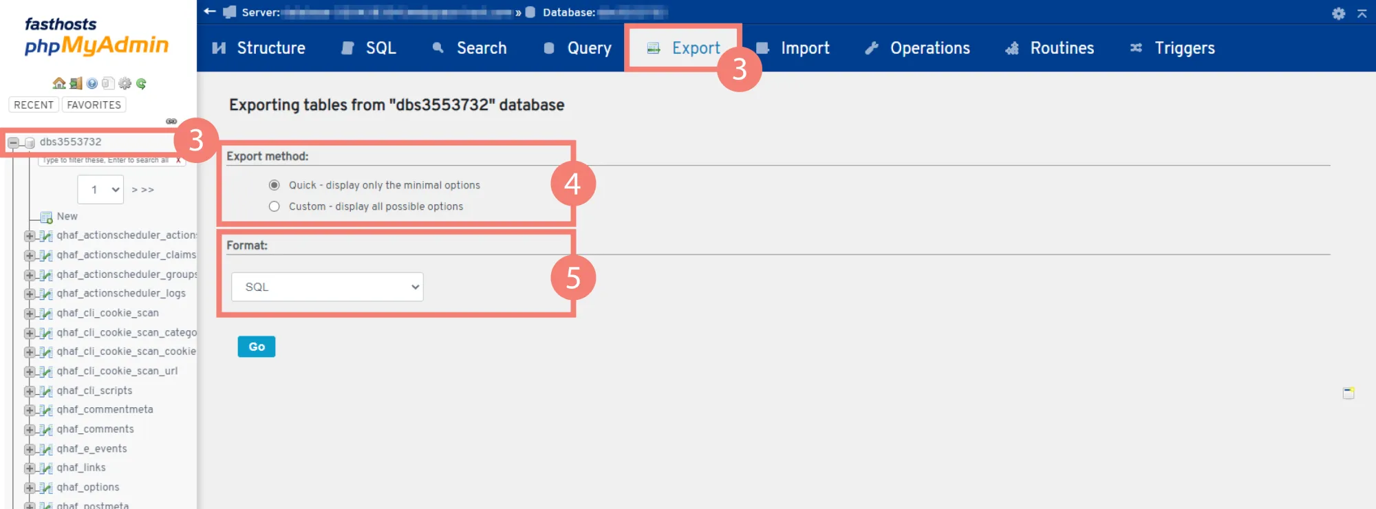 phpMyAdmin control panel screenshot